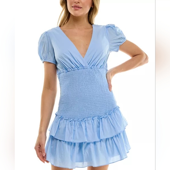 B Darlin Junior Cotton Puff Sleeve Smocked Drees - Picture 1 of 8